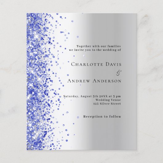 Zilveren blauwe confetti huwelijksuitnodiging (Voorkant)