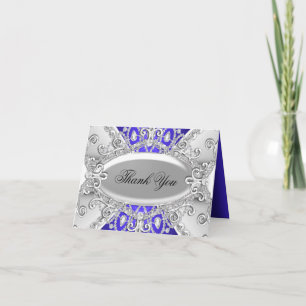 Zilveren & Blauwe Diamanten Damast Dank u Kaart
