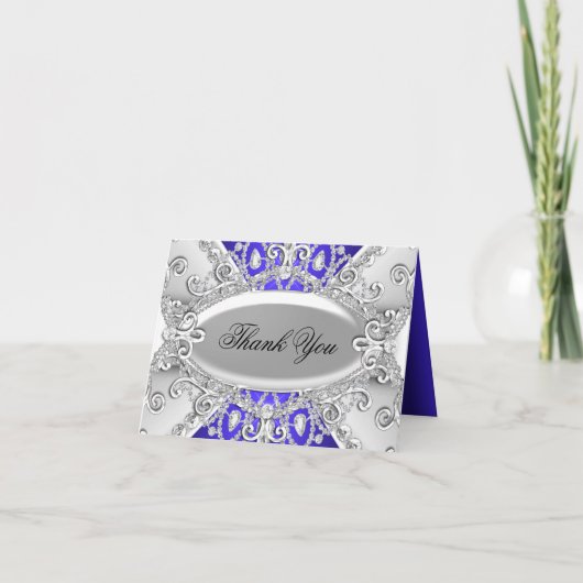 Zilveren & Blauwe Diamanten Damast Dank u Kaart (Voorkant)
