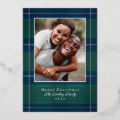 Zilveren, blauwe en groene geruite kerstfotokaart folie feestdagenkaart (Voorkant)