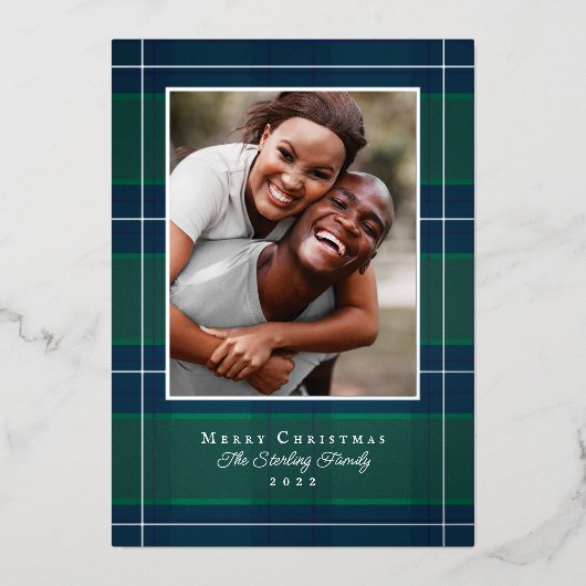 Zilveren, blauwe en groene geruite kerstfotokaart folie feestdagenkaart (Voorkant)