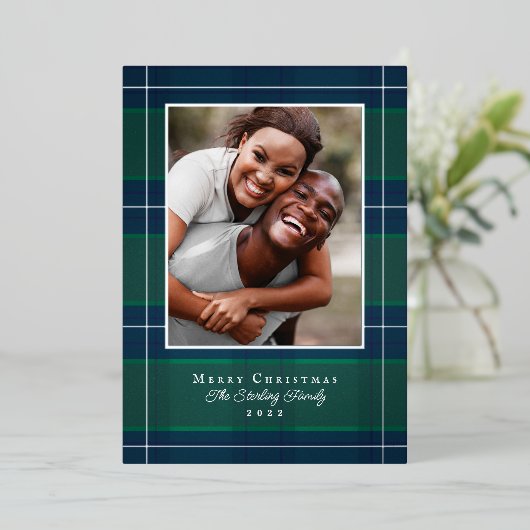 Zilveren, blauwe en groene geruite kerstfotokaart folie feestdagenkaart (Staand Voorkant)