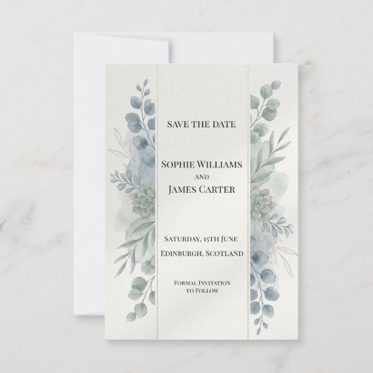 Zilveren Blauwe Eucalyptus Save The Date Kaart (Voorkant)