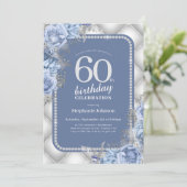 Zilveren Blauwe Glitter Bloemen 60ste Verjaardag Kaart (Staand voorkant)