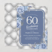 Zilveren Blauwe Glitter Bloemen 60ste Verjaardag Kaart (Voorkant / Achterkant)
