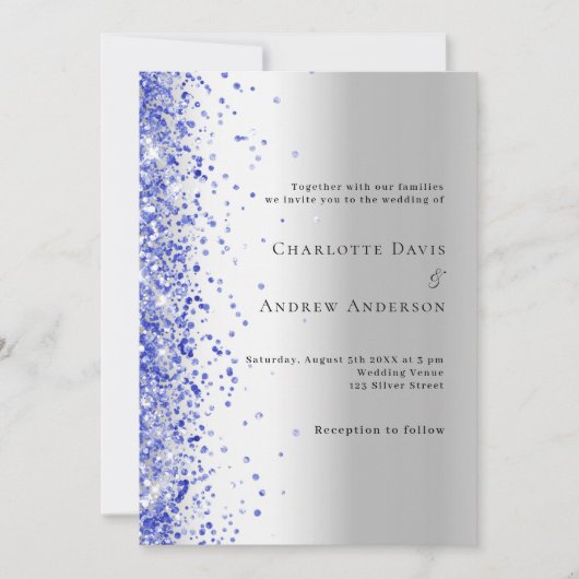 Zilveren blauwe glitter bruiloft kaart (Voorkant)