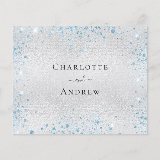 Zilveren blauwe glitter bruiloft RSVP (Achterkant)