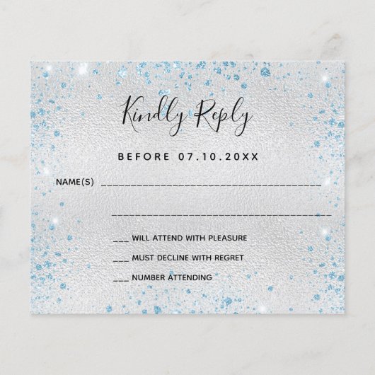 Zilveren blauwe glitter bruiloft RSVP (Voorkant)