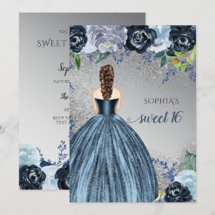 Zilveren Blauwe Glitter Jurk Sweet 16 verjaardag Kaart