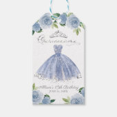 Zilveren Blauwe Gown Bloemen Quinceanera Party Cadeaulabel (Voorkant)
