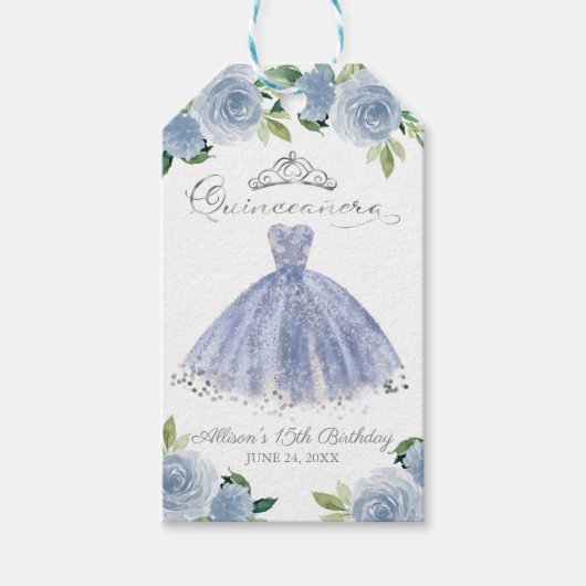 Zilveren Blauwe Gown Bloemen Quinceanera Party Cadeaulabel (Voorkant)