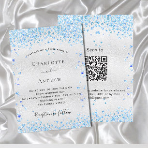 Zilveren blauwe harten QR code RSVP luxe bruiloft Kaart