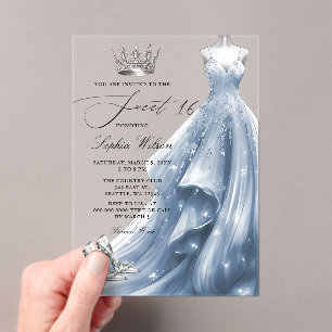 Zilveren Blauwe Jurk Prinses Sweet 16 Acryl Uitnodigingen