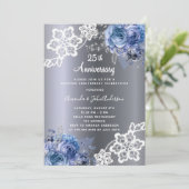 Zilveren blauwe kant 25e huwelijksverjaardag luxe kaart (Staand voorkant)