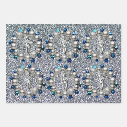 Zilveren Blauwe Kerstkrans Cherub Inpakpapier Vel (Voorkant)