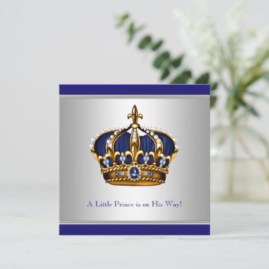 Zilveren Blauwe Kroon Prins Baby Boy Douche Kaart (Staand voorkant)