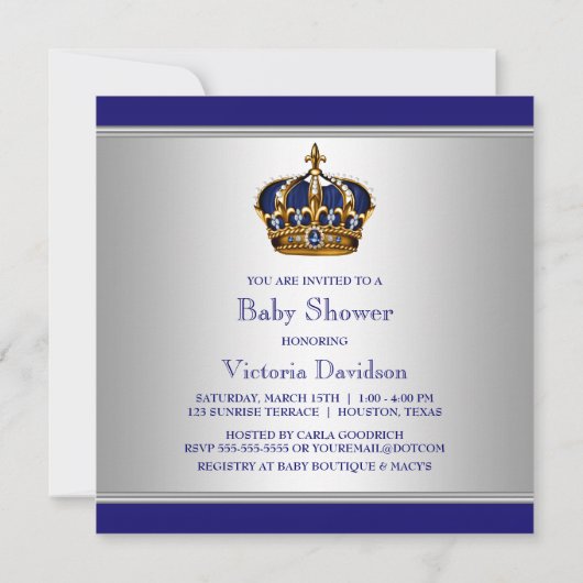 Zilveren Blauwe Kroon Prins Baby Boy Douche Kaart (Achterkant)