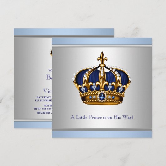 Zilveren Blauwe Kroon Prins Baby Boy Douche Kaart (Voorkant / Achterkant)