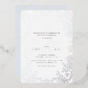 Zilveren Blauwe Kruis Vintage Eerste Communie Folie Uitnodiging