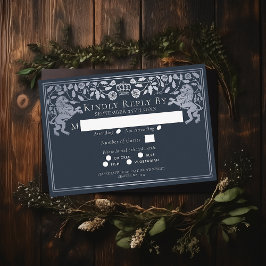 Zilveren Blauwe Middeleeuwse Leeuw Bruiloft RSVP Informatiekaartje
