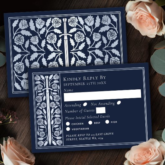 Zilveren Blauwe Middeleeuwse Zwaard Huwelijks RSVP Kaartje