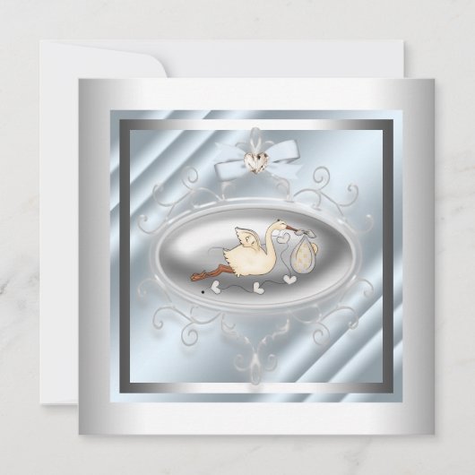Zilveren Blauwe Ooievaar Jongens Baby Shower Kaart (Voorkant)