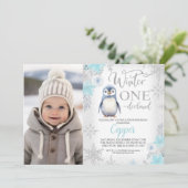 Zilveren Blauwe Pinguïn Winter Onederland Verjaard Kaart (Staand voorkant)