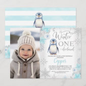 Zilveren Blauwe Pinguïn Winter Onederland Verjaard Kaart (Voorkant / Achterkant)