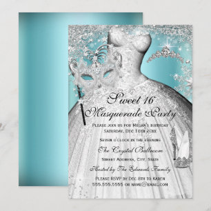 Zilveren Blauwe Prinses Masquerade Sweet 16 Uitnod Kaart