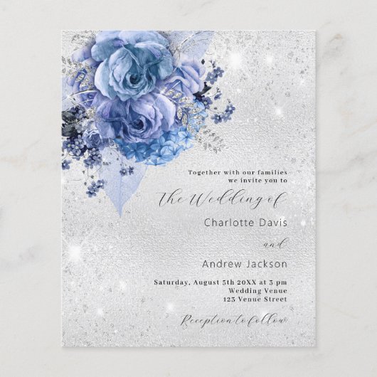 Zilveren blauwe QR RSVP budget bruiloft uitnodigin (Voorkant)