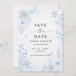 Zilveren Blauwe Sneeuwvlok Bloemige Winter Bruilof Save The Date
