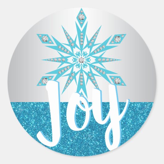 Zilveren Blauwe Sneeuwvlok JOY Vakantie Kerstmis Ronde Sticker (Voorkant)