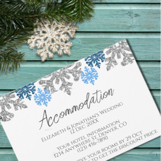 Zilveren Blauwe Sneeuwvlok Winter Bruiloft Accommo Informatiekaartje