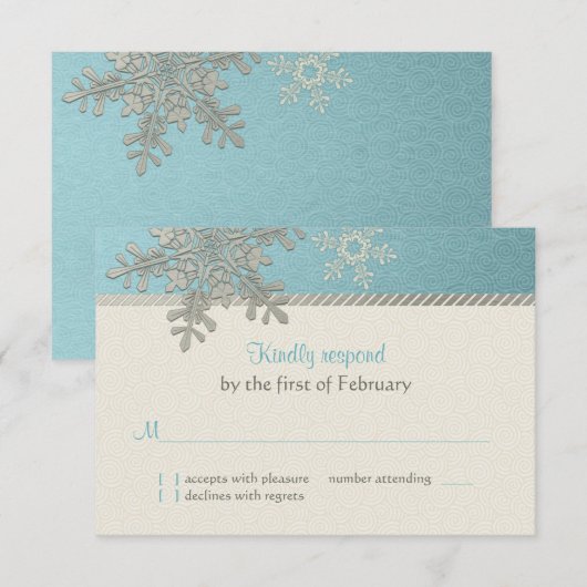 Zilveren Blauwe Sneeuwvlok Winter Bruiloft Antwoor RSVP Kaartje (Voorkant / Achterkant)