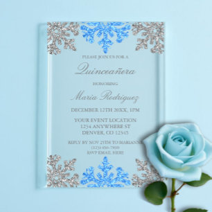 Zilveren Blauwe Sneeuwvlok Winter Quinceanera Acryl Uitnodigingen