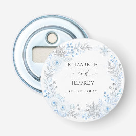 Zilveren Blauwe Sneeuwvlokken Bloemige Winter Huwe Button Flesopener