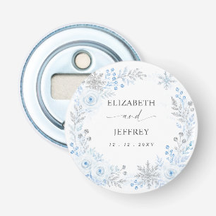 Zilveren Blauwe Sneeuwvlokken Bloemige Winter Huwe Button Flesopener