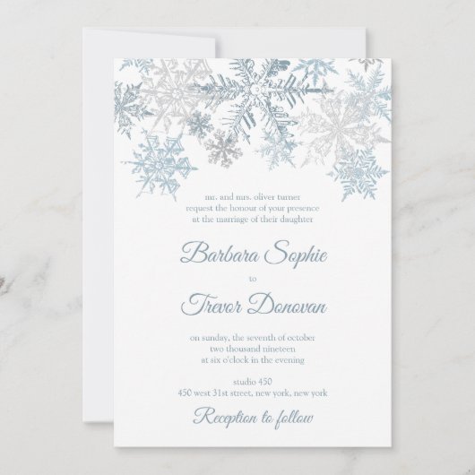 Zilveren Blauwe Sneeuwvlokken Kerstmis Winter Brui Kaart (Voorkant)