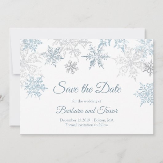 Zilveren Blauwe Sneeuwvlokken Kerstmis Winter Brui Save The Date (Voorkant)