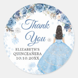 Zilveren Blauwe Winter Sneeuwvlok Mis Quince Dank  Ronde Sticker