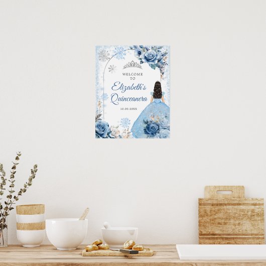 Zilveren Blauwe Winter Sneeuwvlok Mis Quince Welko Poster (Keuken)
