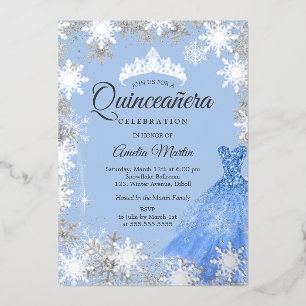 Zilveren Blauwe Winter Sneeuwvlok Quinceanera Folie Uitnodiging