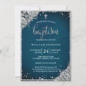Zilveren Blauwgroen Diamond Lace Cross doop uitnod Kaart (Voorkant)