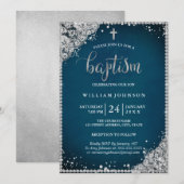Zilveren Blauwgroen Diamond Lace Cross doop uitnod Kaart (Voorkant / Achterkant)