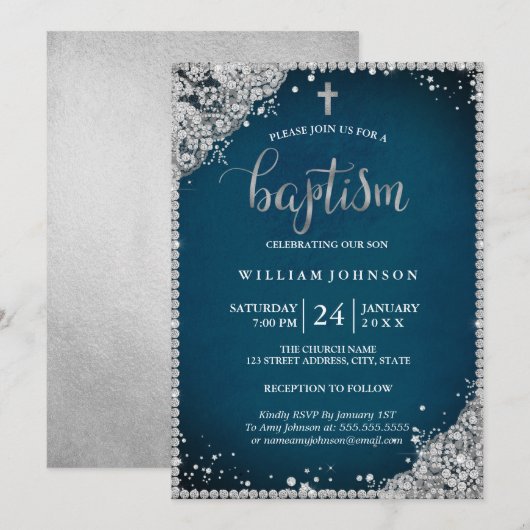 Zilveren Blauwgroen Diamond Lace Cross doop uitnod Kaart (Voorkant / Achterkant)