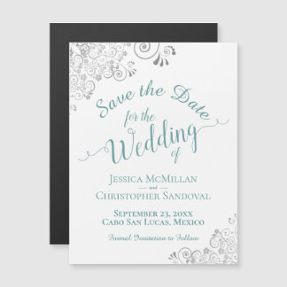 Zilveren Blauwgroen Lace op Wit sparen de Magnet v