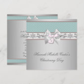 Zilveren Blauwgroen Roze Meisjes Doop Kaart (Voorkant / Achterkant)