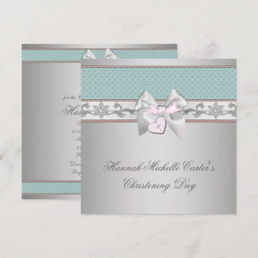 Zilveren Blauwgroen Roze Meisjes Doop Kaart (Voorkant / Achterkant)