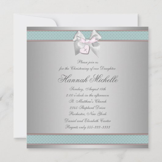 Zilveren Blauwgroen Roze Meisjes Doop Kaart (Achterkant)