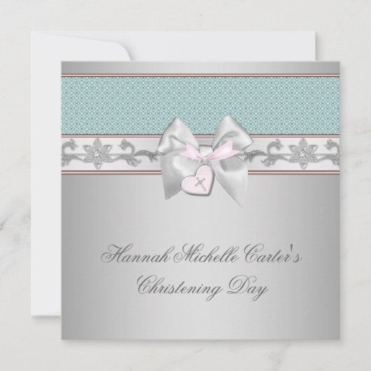 Zilveren Blauwgroen Roze Meisjes Doop Kaart (Voorkant)